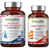 Hair Skin and Nails Complex 180 Caplets with 10000 mcg Biotin - Free Vitamin C-1000 30 Tablets - Multivitamin Supports Strong Nails Beautiful Hair Healthy Aging