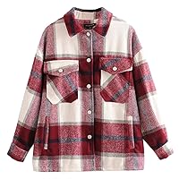 Flygo Women's Casual Plaid Wool Blend Button Down Shirt Brushed Shacket Jacket