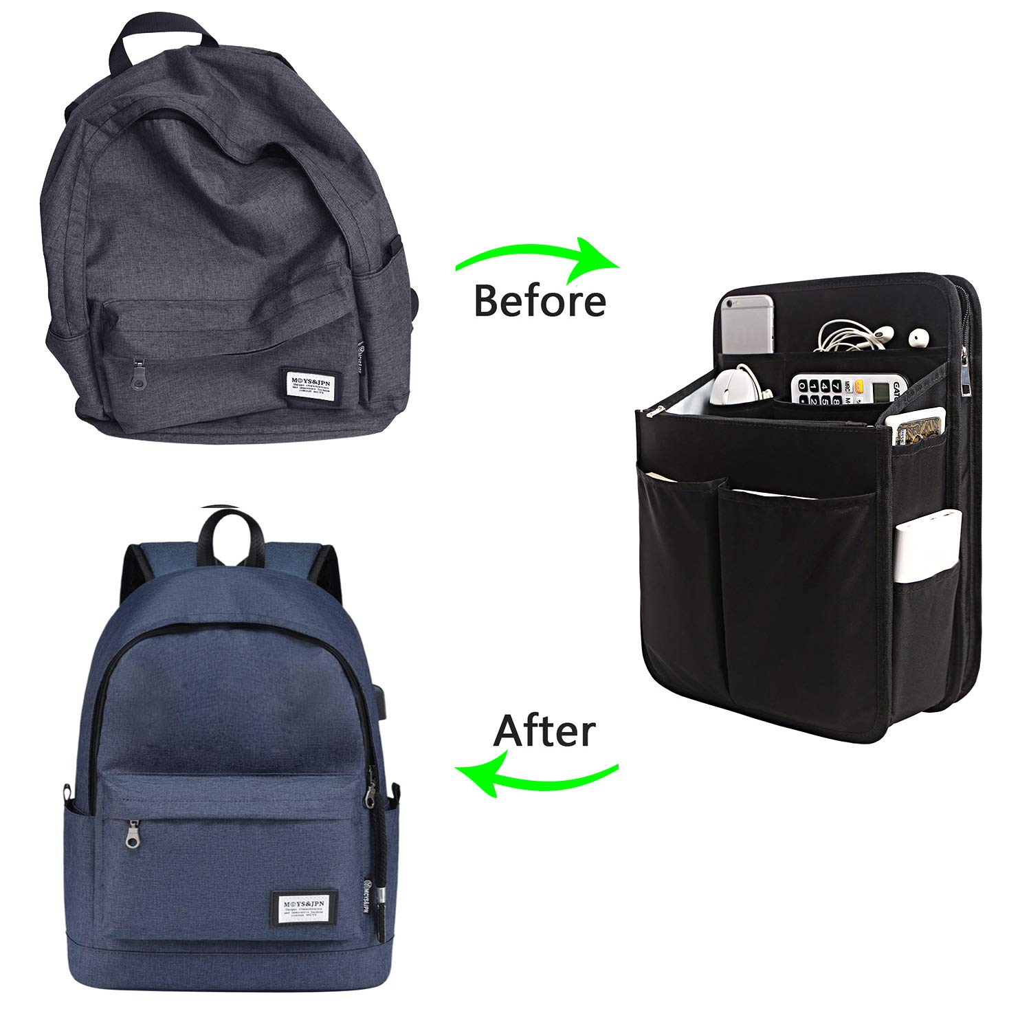 Yoillione Nylon Backpack Organizer Insert for Men and Women, Lightweight Travel Rucksack Insert with High Capacity, Large Bag Organizer with Zipper Pockets