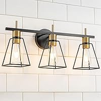 Industrial Bathroom Vanity Lights: 3-Light Black and Gold Vintage Metal Cage Wall Sconce - Rustic Farmhouse Wall Light Fixture Over Mirror Cabinet for Bedroom Living Room