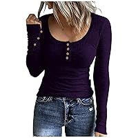 Women’s Long Sleeve Henley T Shirts Button Down Slim Fit Tops Scoop Neck Ribbed Knit Shirts for Women