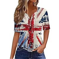 Women's Independence Day Print Button Short Vacation Trendy V Neck Boho Short Sleeve Shirts Tee