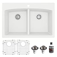 Karran QT-710 Drop-in Quartz Composite 33 in. 1-Hole 50/50 Double Bowl Kitchen Sink Kit in White