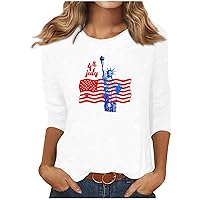 4th of July Shirts Women American Flag Shirt 3/4 Length Sleeve Womens Tops Independence Day Crewneck Festival Tops
