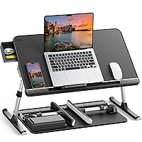 SAIJI Laptop Bed Tray Table, Adjustable PVC Leather Laptop Bed Table, Portable Standing Desk with Storage Drawer, Foldable Lap Tablet Table for Sofa Couch Floor (Dark Black)
