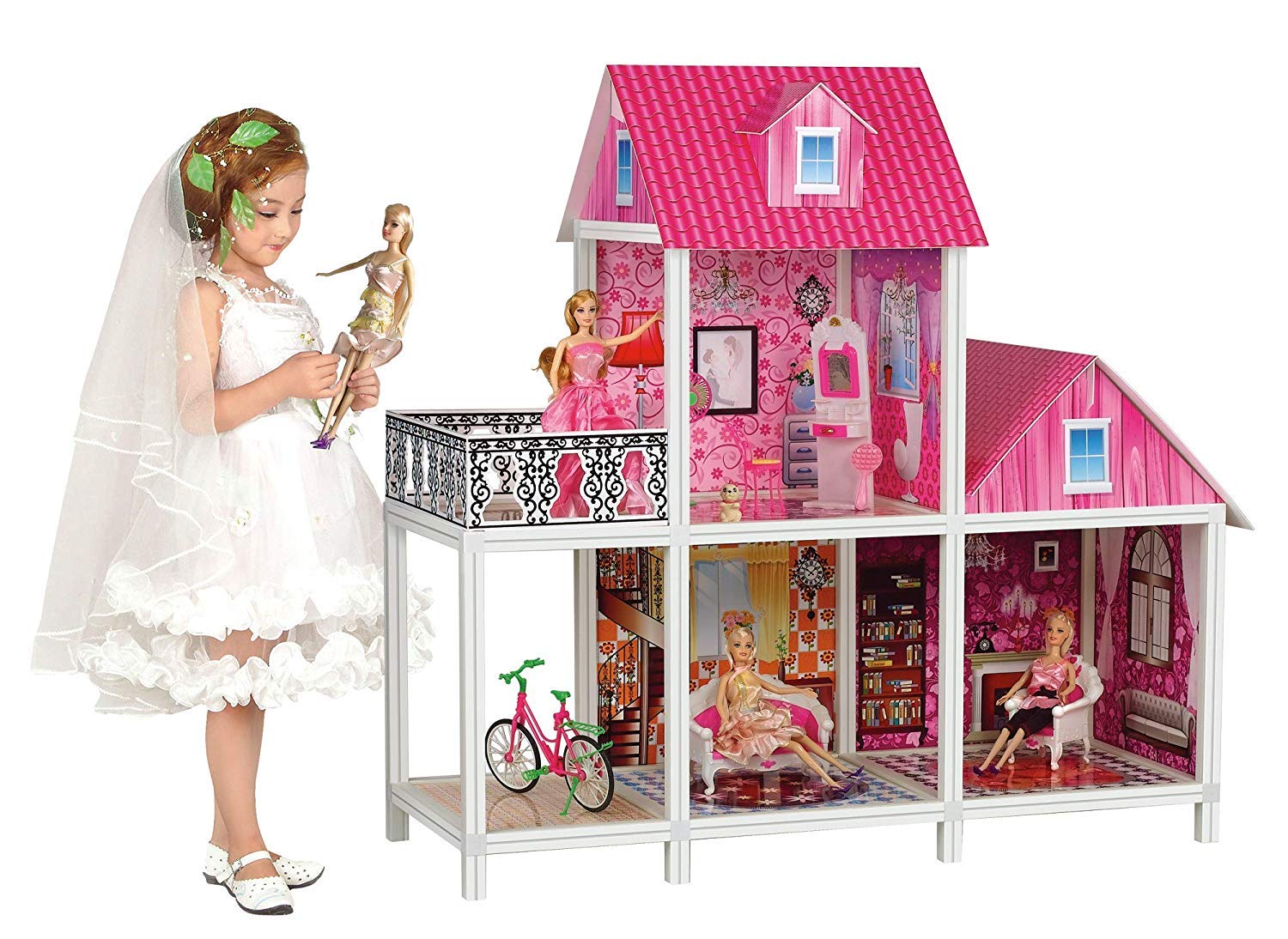 39'' Large Plastic & Hard Cardboard Dollhouse, Big Dreamhouse with Doll House Furniture, House Hold Items, Pretend Play Toys Gifts for Girls Kids Ages 3+, 4 Rooms