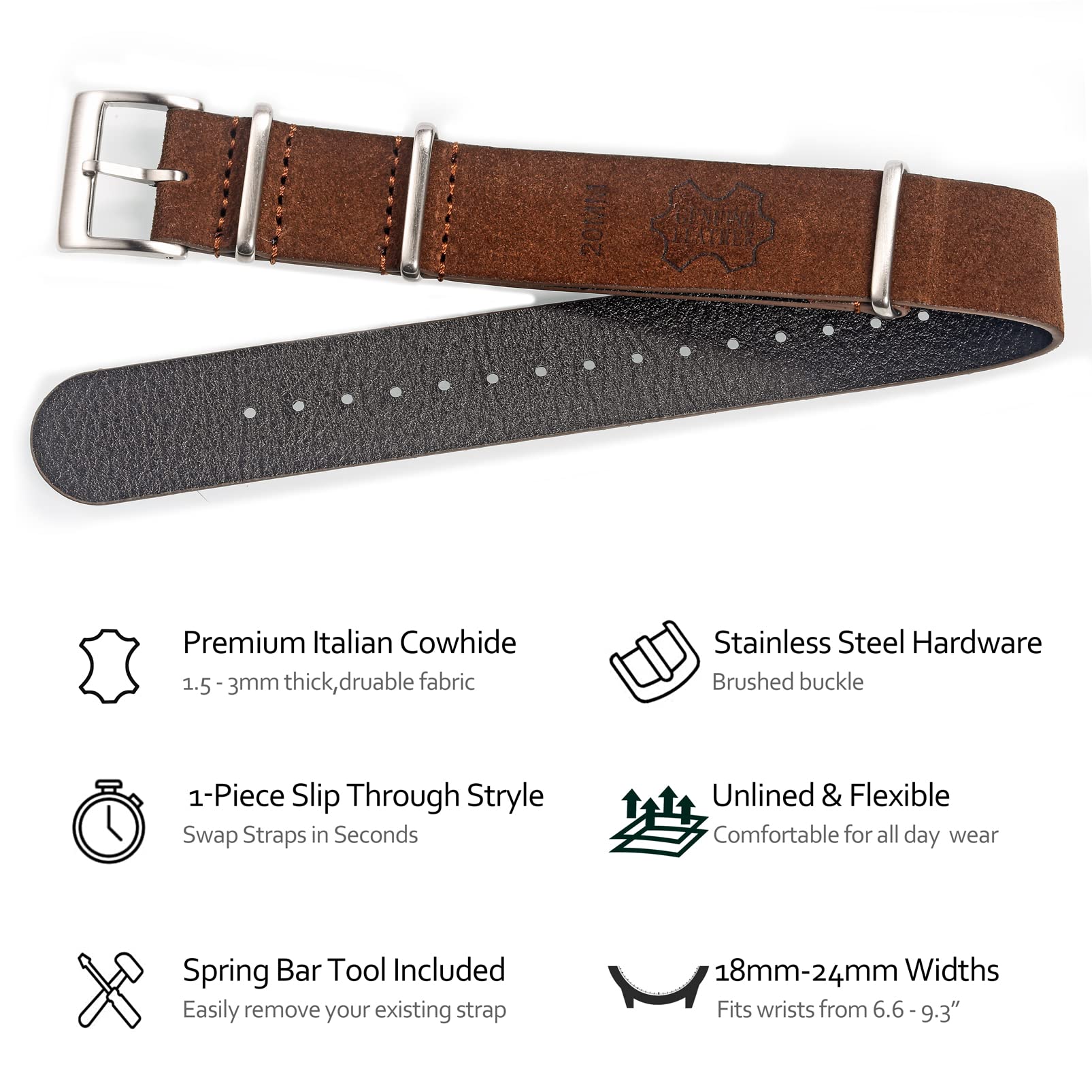 torbollo Suede Leather Watch Band, Style One-Piece Military Watch Strap Vintage Tone 18 20 22mm Replacement Wrap for Men Women