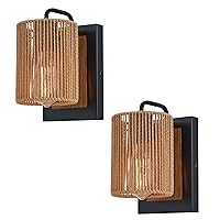 Boho Rattan Wall Sconces Set of Two, Farmhouse Wall Light Fixtures Lighting with Hand Woven Hemp Rope Shade Bedside Wicker Wall Lamp, Wall Mount Light Fixture for Bedroom Living Room Bathroom Stairway