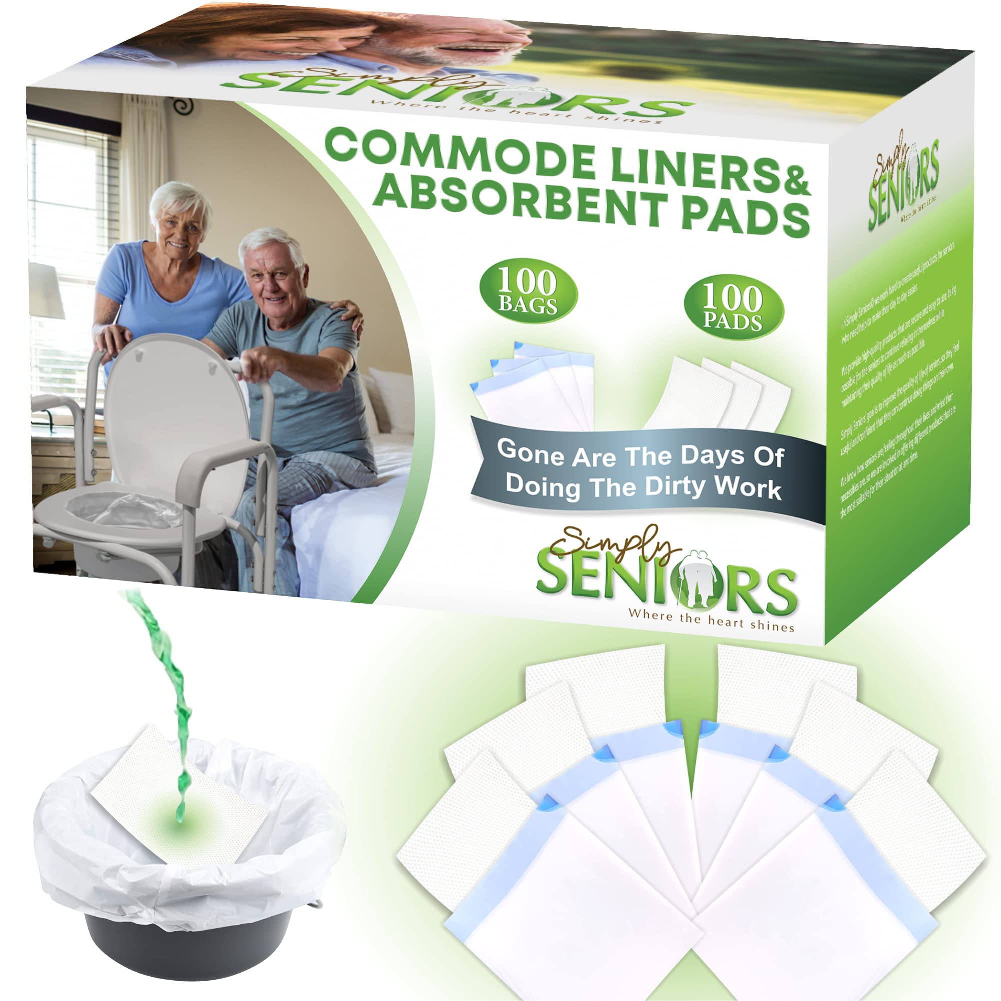 Commode Liners with Absorbent Pads & Gait Belt for Seniors - 100 Strong Portable Toilet Bags & Pads - Bedside Commode Liners Disposable - Transfer Gate Belts with Handles for Lifting Elderly & Patient