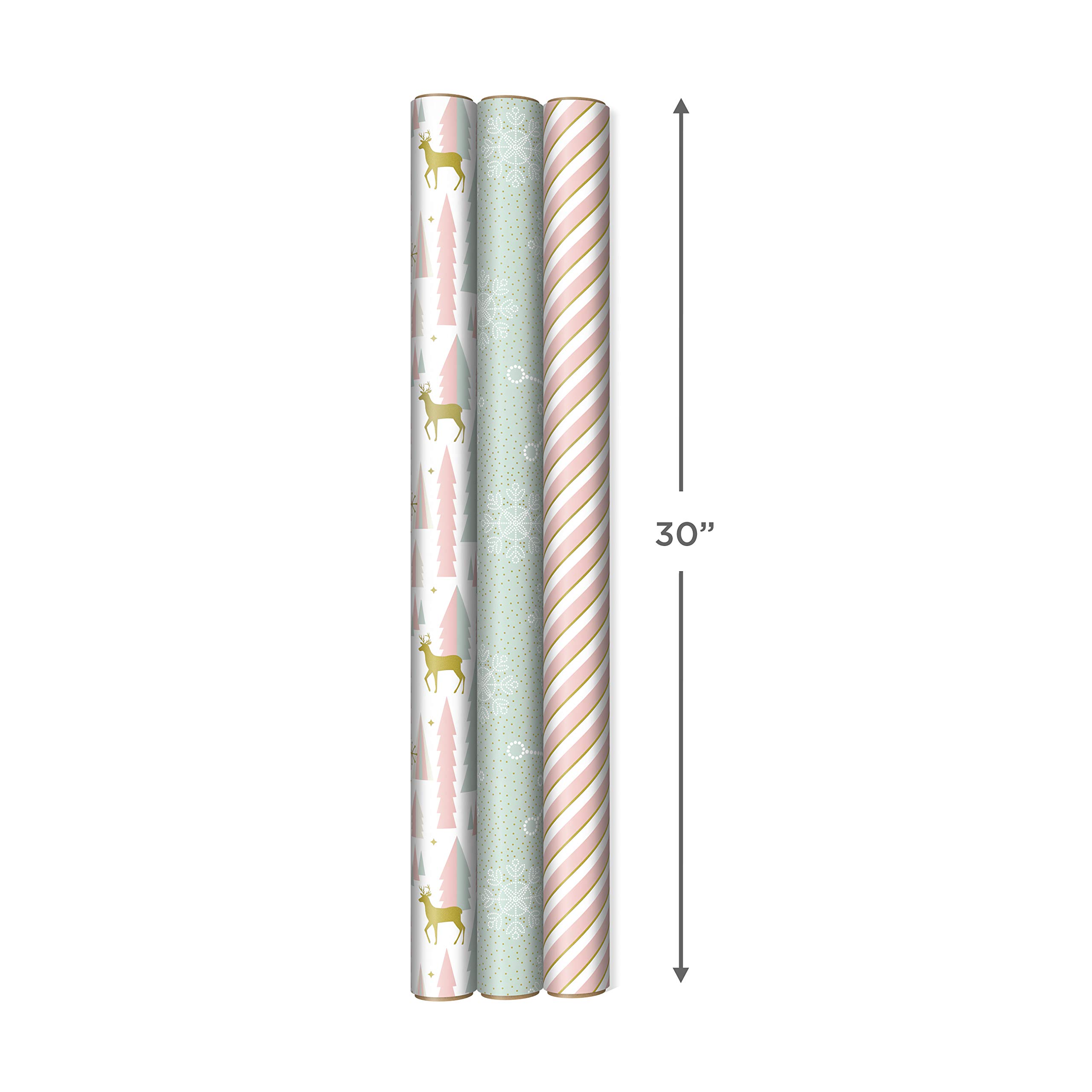 Hallmark Peachy Pink Christmas Wrapping Paper with Cut Lines on Reverse (3 Rolls: 120 sq. ft. ttl) Minty Blue, Gold, Reindeer, Christmas Trees, Snowflakes