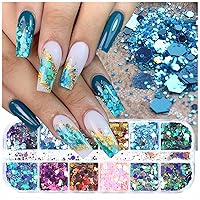 12 Grids Holographic Nail Art Glitter Flakes Hexagon Nail Glitter Sequins Mermaid Powder Flakes Shiny Hexagon Iridescent Nail Glitter Flake Chameleon Sequins for Women Manicure Decoration Accessories