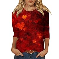 Valentines Day Shirts Women Woman Casual Valentine's Day Print Shirt Loose Fit 3/4 Sleeve Tshirt Top Fashion Crewneck Blouse Tee Holiday Clothes Wine X-Large
