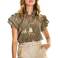 Cicy Bell Womens Casual Chiffon Tops Summer Ruffle Short Sleeve Drawstring V Neck Leopard Print T Shirts Blouse