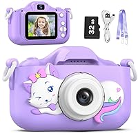 Goopow Kids Selfie Camera Toys for Girls Age 3-9, Digital Video Camera Toy with Protective Cover,Christmas Birthday Festival Gifts for 3-9 Year Old Girls Boys- 32GB SD Card Included