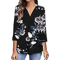 Summer 3/4 Sleeve Boho Floral Lapel Tunic Tops for Women Fashion Casual Dressy Loose V Neck Tee Shirts for Going Out