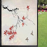 Japanese Window Film Privacy,Cherry Blossom Sakura Tree Branches Romantic Spring Themed Watercolor Picture Kitchen Decoration Decorative Static Cling Film,Coral Black 24 x 36