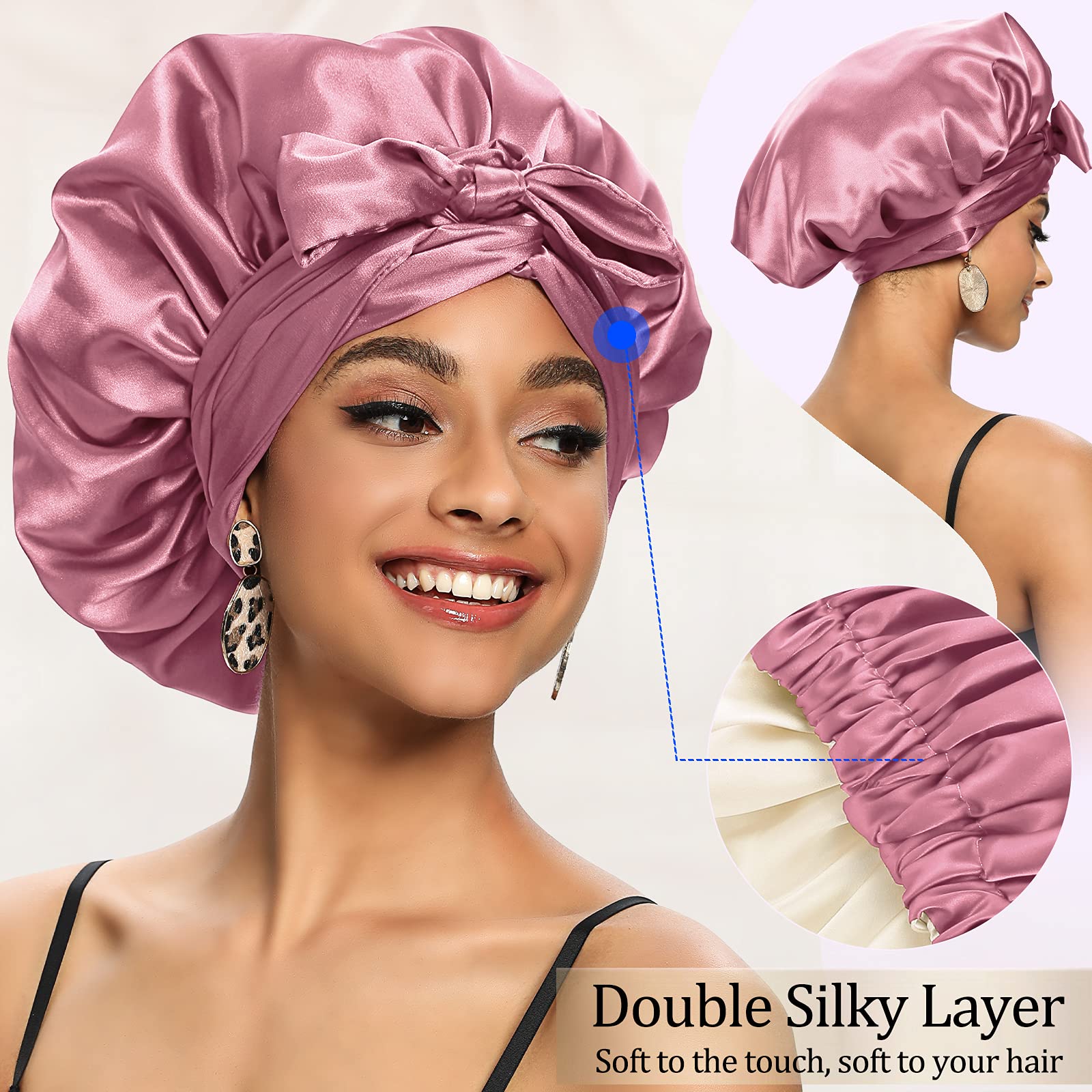 Shower Cap for Women Hair Caps for Shower Reusable Shower Cap for Long Hair, Satin Bonnet for Black Women, Silk Bonnet for Curly Hair Wraps for Sleeping,