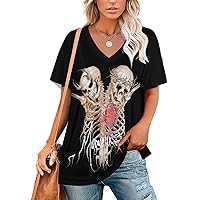 Shirt Women's V Neck Short Sleeve T-Shirt Summer Loose Tunic Tee