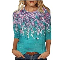 Oil Painting Floral Graphic Shirt Women 2024 Fashion Round Neck 3/4 Sleeve Tshirt Summer Casual Loose Fit Blouses