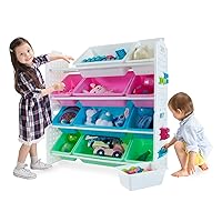 UNiPLAY Toy Organizer with 12 Removable Storage Bins, Multi-Bin Organizer for Books, Building Blocks, School Materials, Toys with Baseplate Board Frame (Pink)