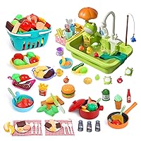 CUTE STONE Play Sink with Running Water, Kitchen Sink Toys with Upgraded Electric Faucet, Kids Pots and Pans Set with Play Food and Storage Basket, Learning Kitchen Toy Gift for Girl Boy