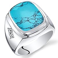 PEORA Men's Simulated Turquoise Knight Signet Ring 925 Sterling Silver, Large 15x12mm Cushion Cut, Sizes 8 to 13