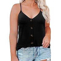 RITERA Women's Plus Size Tank Tops Summer Solid Color Cami Top Button Down V Neck Adjustable Strappy Sleeveless Loose Casual Shirts, Black XL