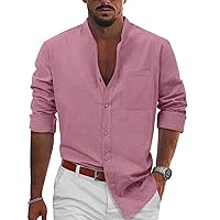 Mens Casual Button Down Long Sleeve Cotton Linen Dress Shirts Regular Fit
