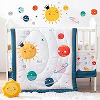 Bertte 4 Piece Crib Bedding Set for Boys Girls, Nursery Bedding Standard Size Soft Baby Bedding Crib Set Including Cartoon Quilt, Crib Skirt, Fitted Crib Sheet and Plush Toy (Planet)