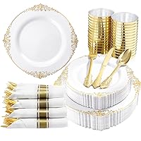 350PCS Gold Plastic Plates - Disposable Dinnerware Plates and Pre Rolled Napkins with Plastic Cutlery for 50 Guests, 100Plates, 150Silverware, 50Cups, 50Napkins for Wedding&Party(Heavyweight)