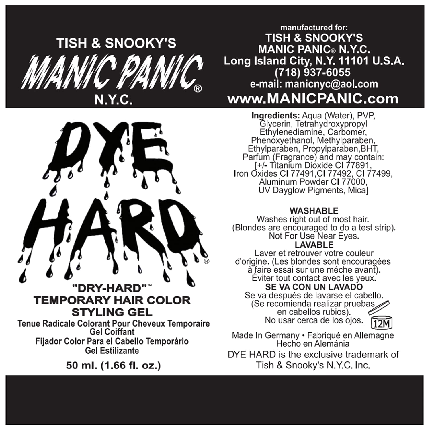 MANIC PANIC Raven Black Hair Color Gel - Dye Hard - Temporary Washable, Black Hair Styling Gel for Kids & Adults