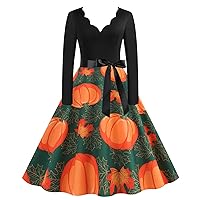 FYUAHI Women's Fashion Print Long Sleeve V-Neck Casual Halloween Hem Dress