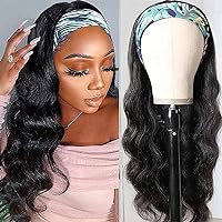 Amella Hair Body Wave Headband Human Hair Wig Glueless None Lace Front Wig Brazilian Virgin Hair Wear and Go Wig for Black Women 150% Density Natural Black 12inch