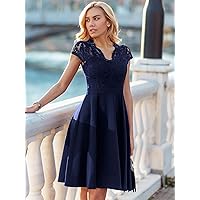 Womens Fall Fashion 2022 Contrast Floral Lace Panel Flared Hem Cocktail Party Swing Dress (Color : Navy Blue, Size : XX-Large)