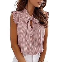 Women‘s Polka Dot Bow Tie Ruffle Cap Sleeve Blouse Summer Work Business Casual Sexy V Neck Shirts