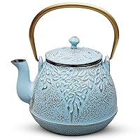 Teapot, TOPTIER Japanese Cast Iron Tea Kettle with Stainless Steel Infuser, Cast Iron Teapot Stovetop Safe, Leaf Design Teapot Coated with Enameled Interior for 32 Ounce (950 ml), Turquoise Blue