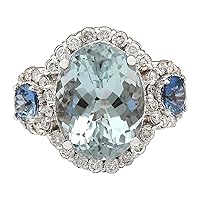 7.41 Carat Natural Blue Aquamarine, Blue Sapphire and Diamond (F-G Color, VS1-VS2 Clarity) 14K White Gold Cocktail Ring for Women Exclusively Handcrafted in USA