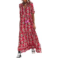 Retro Skull Printed Women Party Dress Spring Long Sleeve A-Line Ladies Dress Summer Tassel Loose Dress