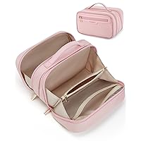 BAGSMART Travel Makeup Bag Large Capacity Cosmetic Bag, Wide-open Portable Make Up Bag Organizer for Women for Travel Essentials Travel-Size Toiletries Accessories Bottles, Brushes, Pink