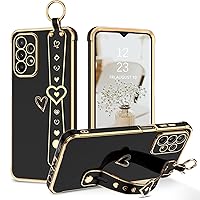 GUAGUA for Samsung Galaxy A23 4G/5G Case, Galaxy A23 Phone Case, Slim Flexible TPU Plating Love Heart with Wristband Kickstand Shockproof Protective Phone Case for Samsung A23 4G/5G 6.6 Inch, Black