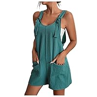 Womens Linen Round Neck Casual Shorts Overalls Summer Fashion Straps Sleeveless Solid Cute Rompers with Pockets