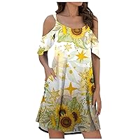 Summer Cold Shoulder Mini Dress Womens Boho Floral Print Beach Tunic Dress Casual Hawaiian Sundress with Pockets
