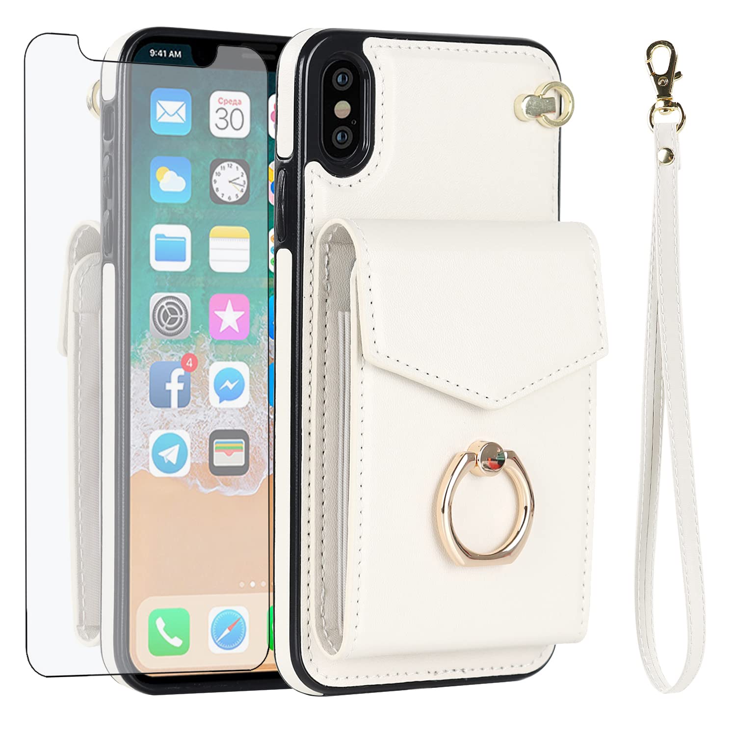 Asuwish Phone Case for iPhone Xs Max Wallet Cover with Tempered Glass Screen Protector and RFID Ring Credit Card Holder Cell Accessories i X XR Xsmax 10x SX Xmax 10xs 10s 10 Plus Xmaxs Women Off White