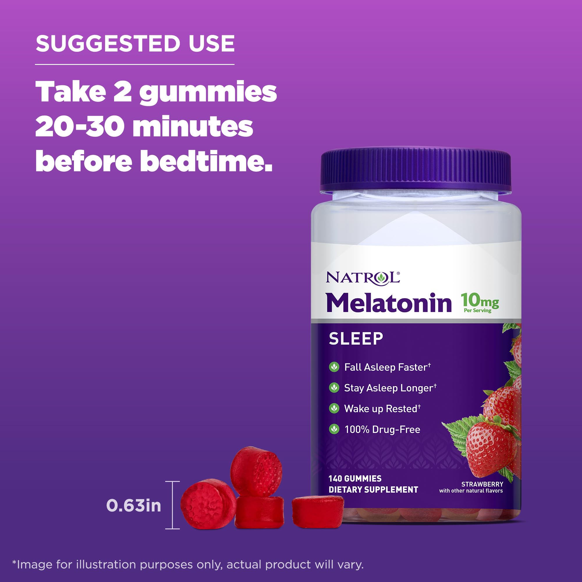 Natrol Melatonin Sleep Aid Gummy, Fall Asleep Faster, Stay Asleep Longer, 2 Gummies per Serving, 100% Drug and Gelatin Free, Non-GMO, 10mg, 140 Count