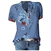 Shirts for Women Floral Tops 2023 Button Down Summer Fashion Casual Short Sleeve Printed Henley V Neck Spring Blouse