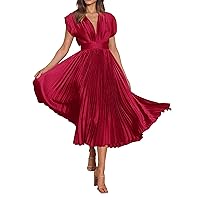 MASCOMODA Elegant Satin V Neck Pleated Midi Dress Short Sleeve Formal High Waisted Flowy Long Summer Dresses for Women 2023