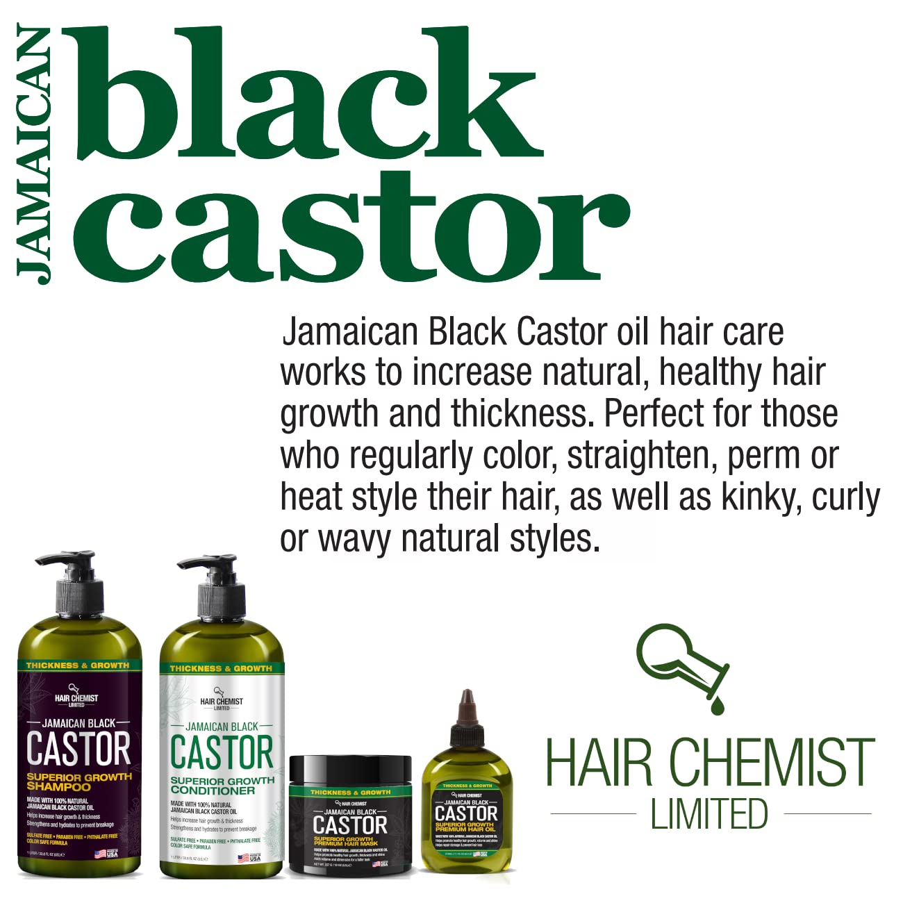 Hair Chemist Superior Growth Jamaican Black Castor Shampoo 33.8oz & Conditioner 33.8oz - 2-PC Shampoo & Conditioner for Hair Growth