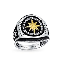 Personalize Two Tone Mens Nautical Boat Wheel Rose Viking Compass Signet Ring For Men Black Gold-Tone Plated .925 Sterling Silver Handmade In Turkey Customizable