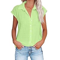 Summer Tops for Women Trendy Cotton Linen Button Down Shirts Dressy Cap Sleeve Collared Business Soft Casual Blouses