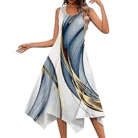 Maxi Dress for Women Sleeveless Crew Neck Irregular Hem Fashion Midi Dress Casual Boho Print Summer Outfits for Women